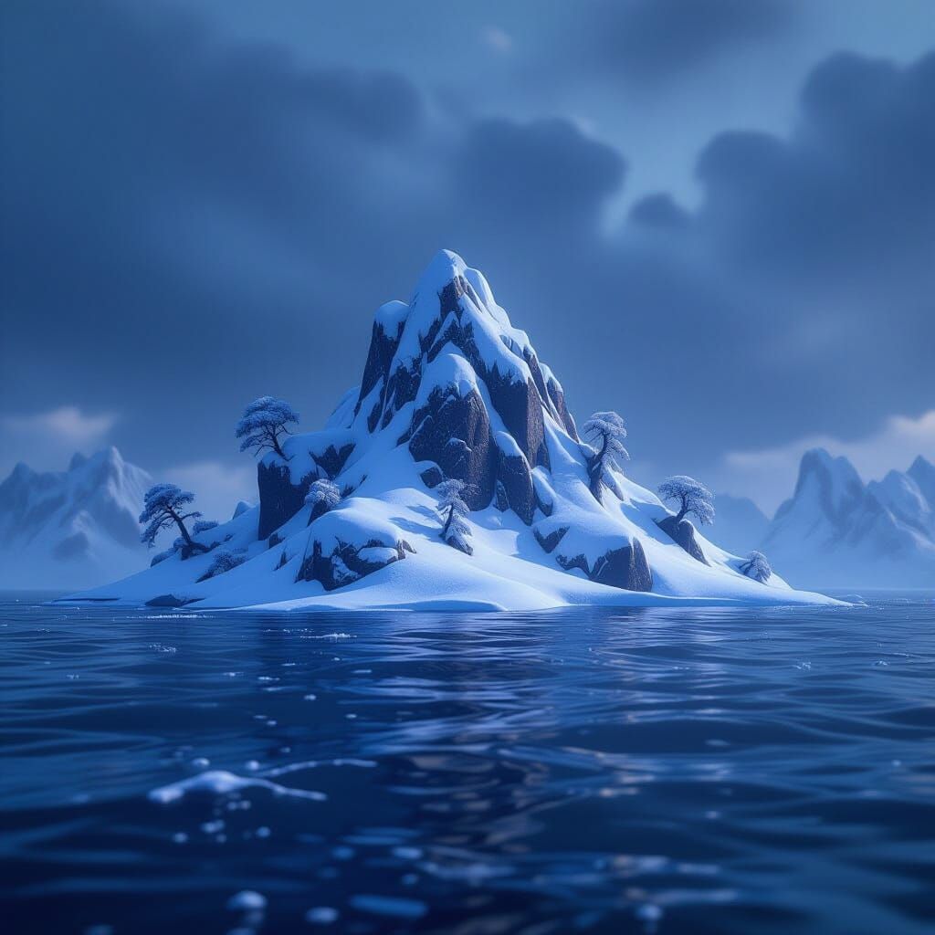 Snowy Island in Dark Ocean, 3D Anime Style