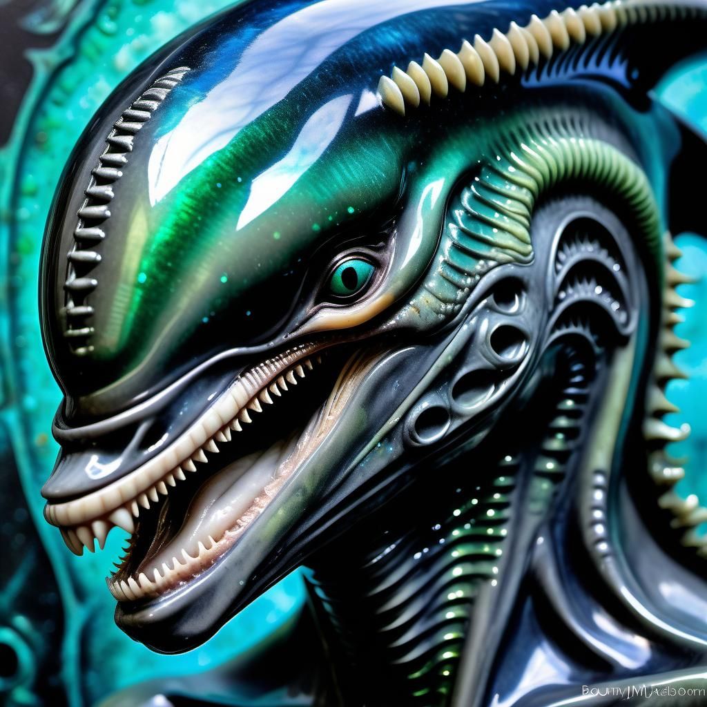 Electroplated Xenomorph Dolphin God in Dark Fantasy Style