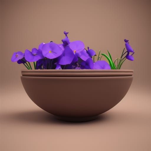 Violets in Ancient Pottery Bowl: 3D Render