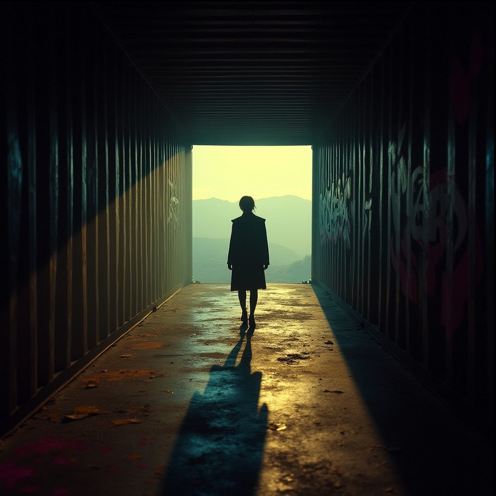 Gritty Film Still: Figure in Graffiti-Lit Container