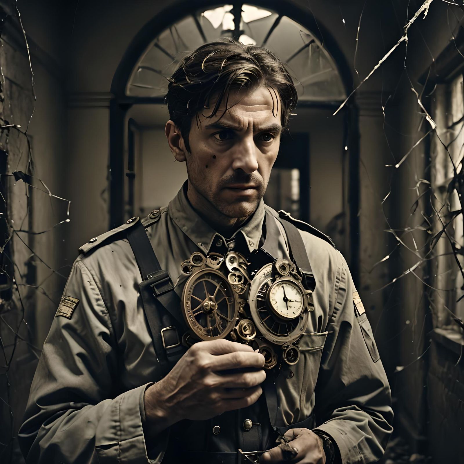 Time Traveler's Crumbling Reality: A Cinematic Still