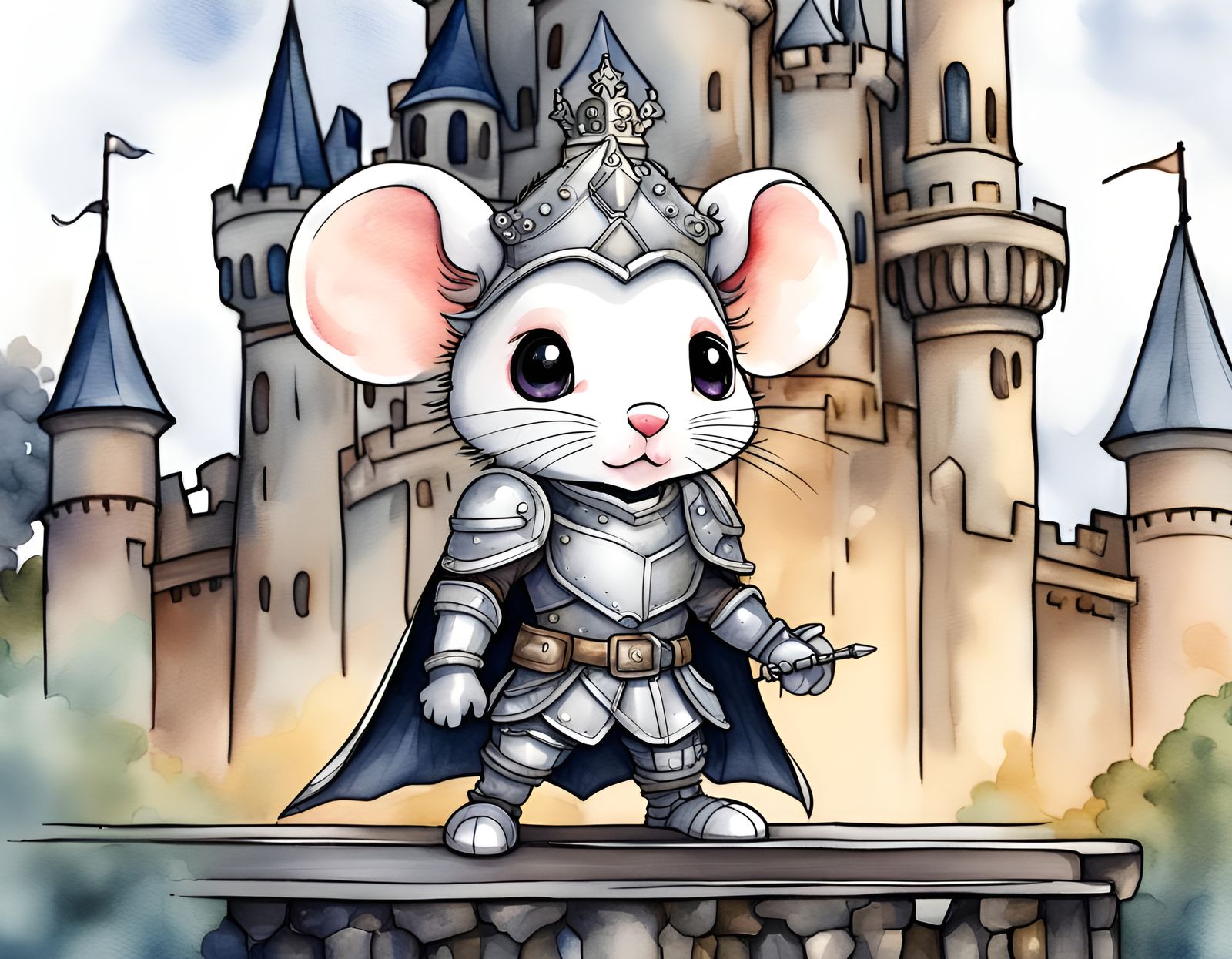 Chibi Mouse Knight in Watercolor Style