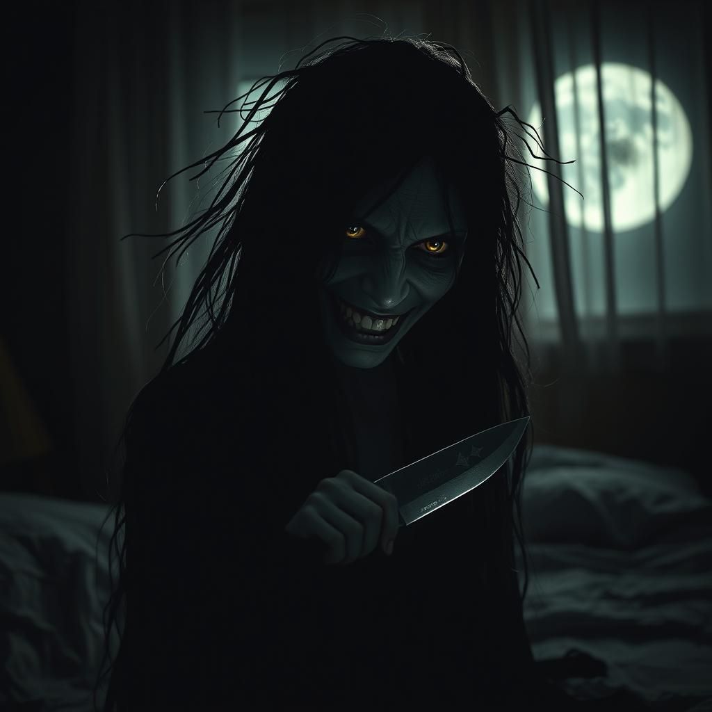 Terrifying Ghostly Woman in Dimly Lit Bedroom