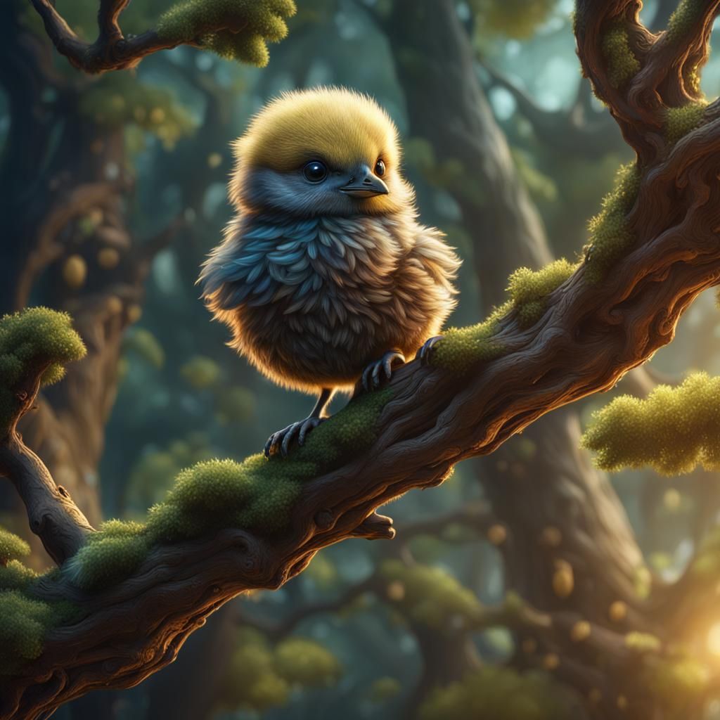 Fluffy Chick on Branch: Detailed Matte Painting