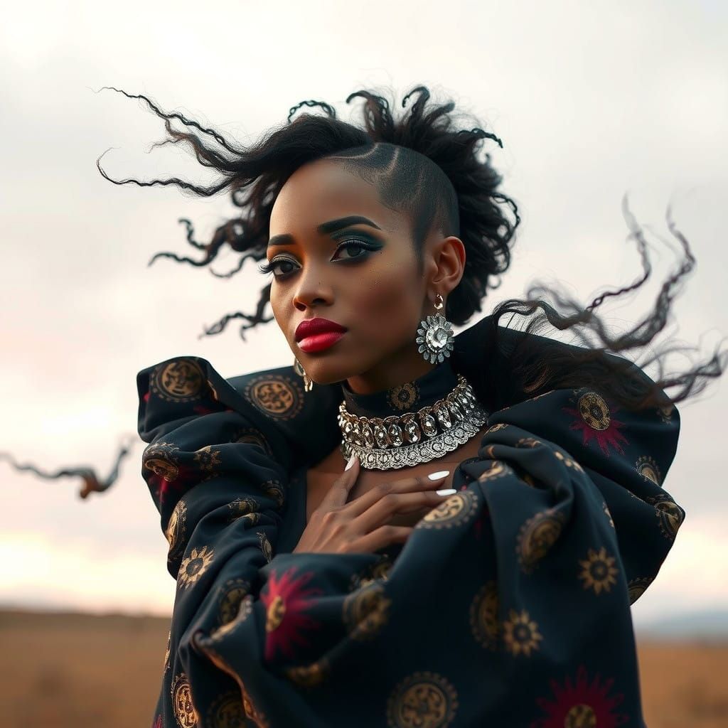 Glamorous Afrofused Fashion Portrait in a Whimsical Windy Se...
