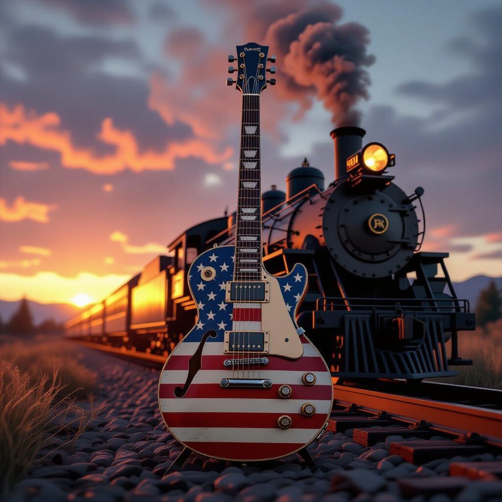 American Flag Guitar with Steam Train at Sunset