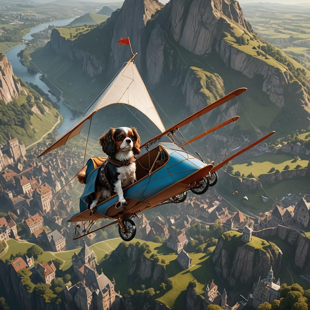 King Charles Cavalier Hang Gliding, Detailed Digital Art