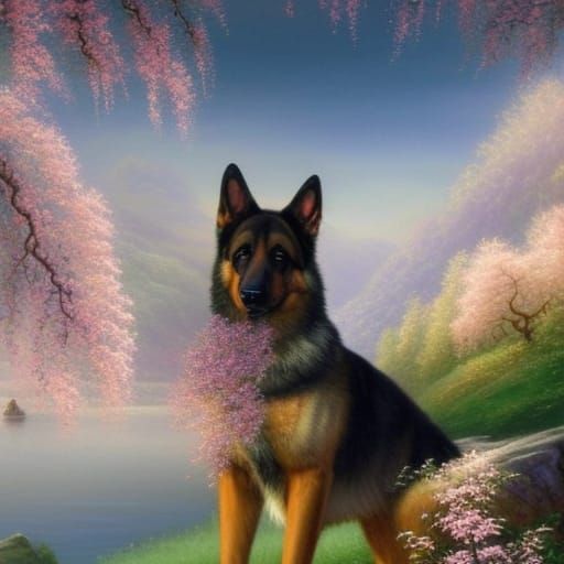 German Shepherd dog with lakeside background& Beautiful Cherry blossom trees& Beautiful blue skies