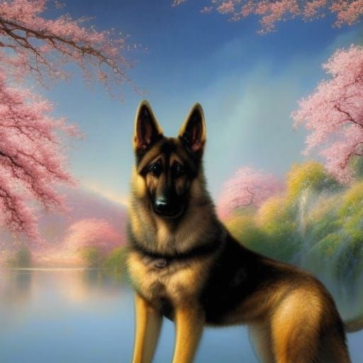 German Shepherd dog with lakeside background& Beautiful Cherry blossom trees& Beautiful blue skies