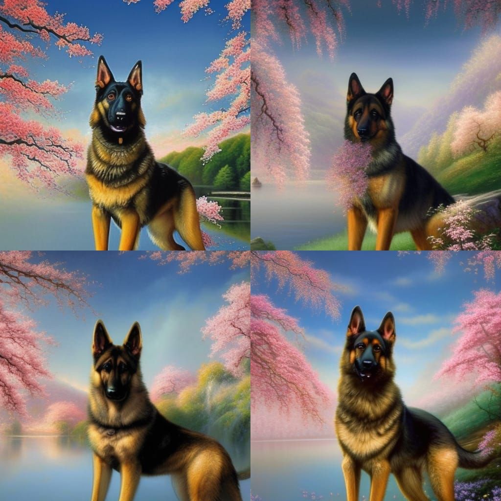 German Shepherd dog with lakeside background& Beautiful Cherry blossom trees& Beautiful blue skies