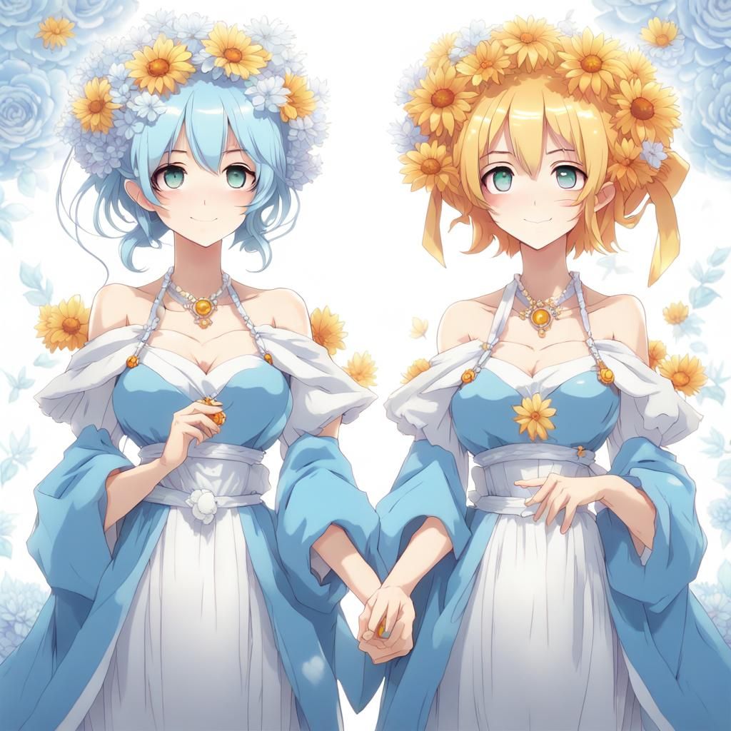 Anime Twins in Blue and White Gowns