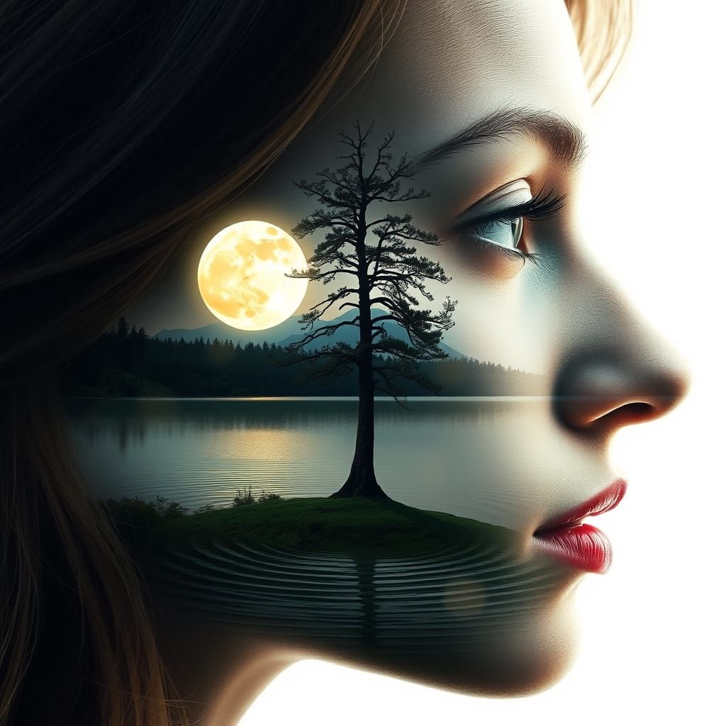 Serene Human Form Blends with Nature's Elements in Dreamlike...