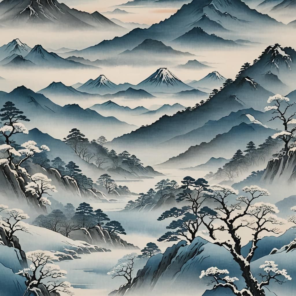 Mist-Shrouded Mountains in Japanese Woodblock Style
