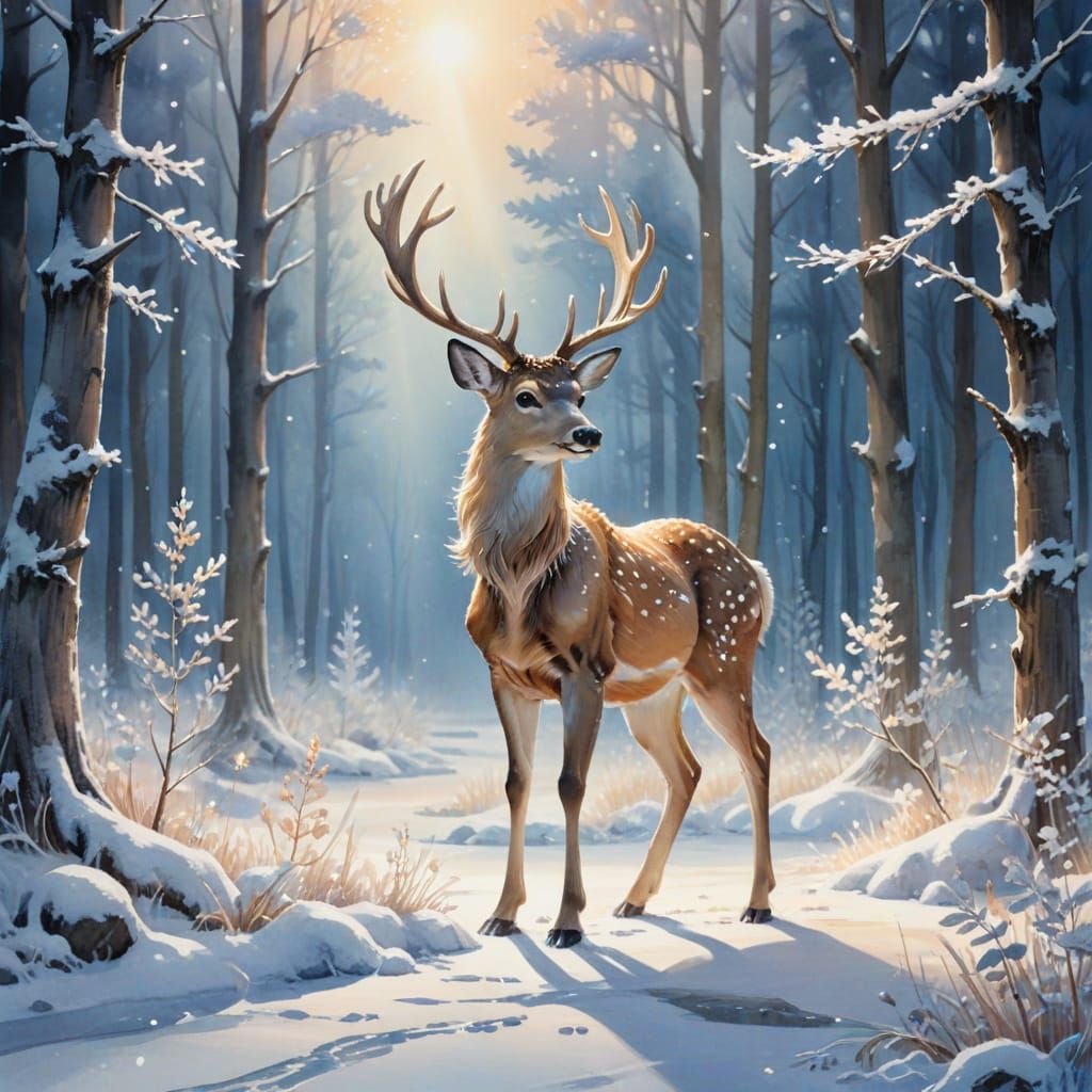 Moonlight Deer in Snowy Forest, Watercolor Style
