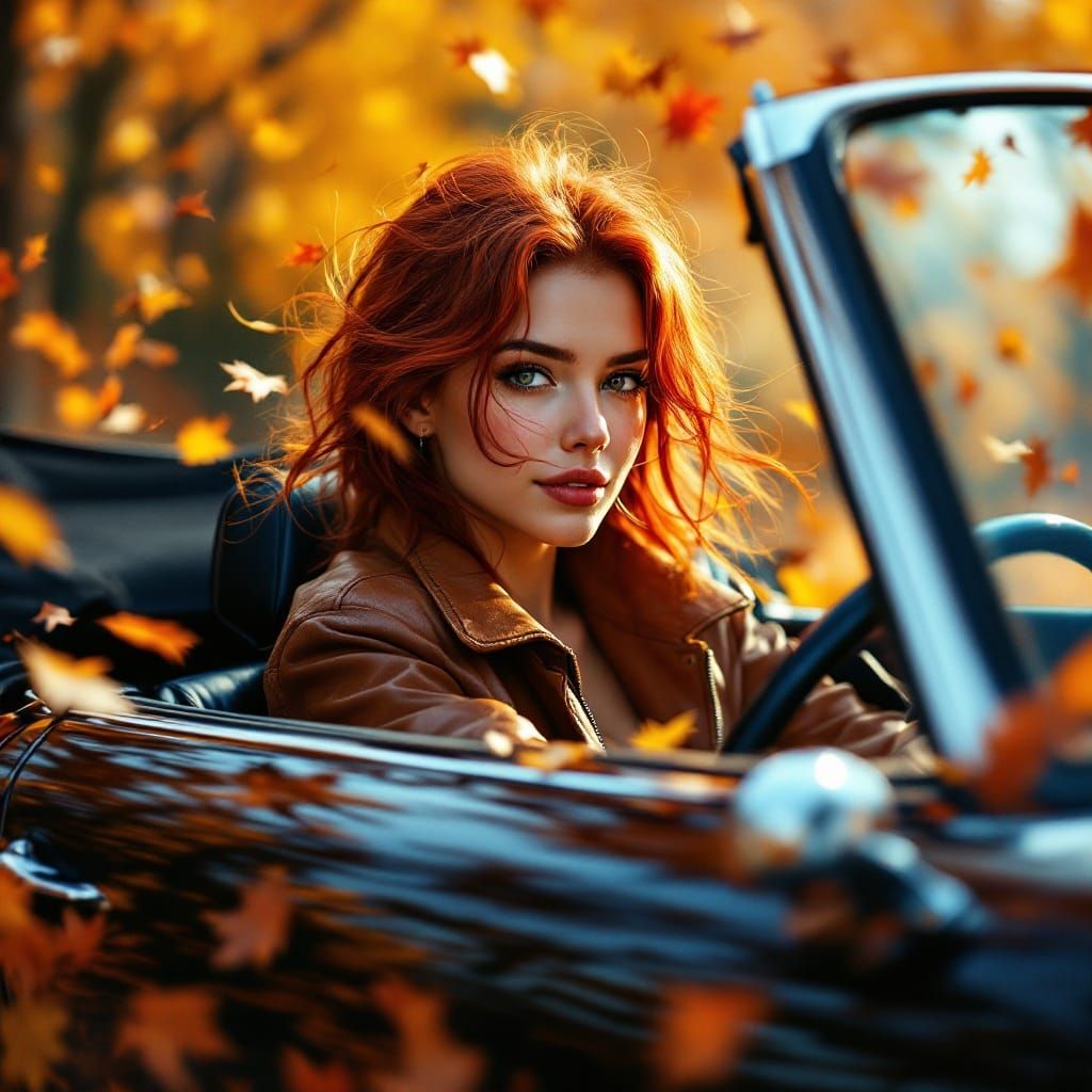 Red-Haired Girl Drives Porsche in Autumn Leaves