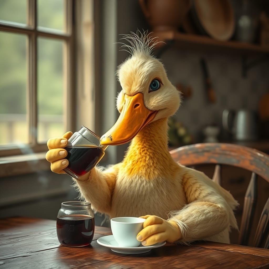 Irritated Anthropomorphic Duck Drinking Coffee