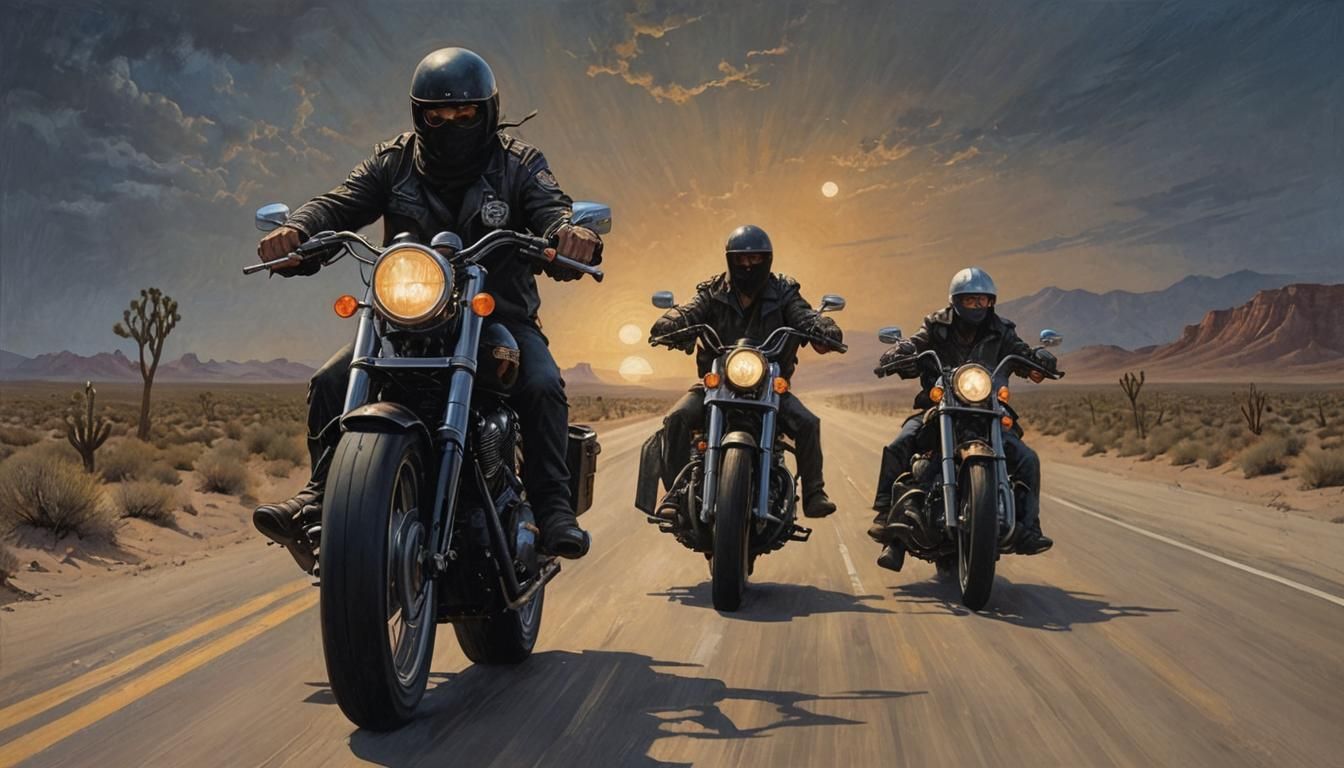 Motorcycle Bandit Chase on Desert Highway at Night