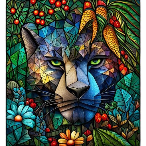 Magical Black Panther in Jungle: Stained Glass Mosaic