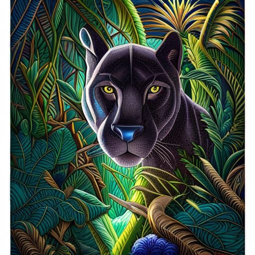 Magical Black Panther in Jungle: Stained Glass Mosaic