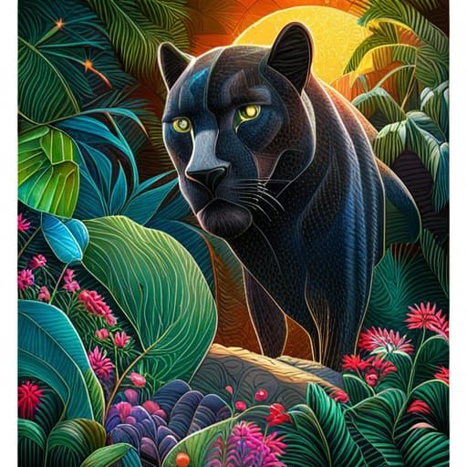 Black Panther in Jungle as Stained Glass Mosaic