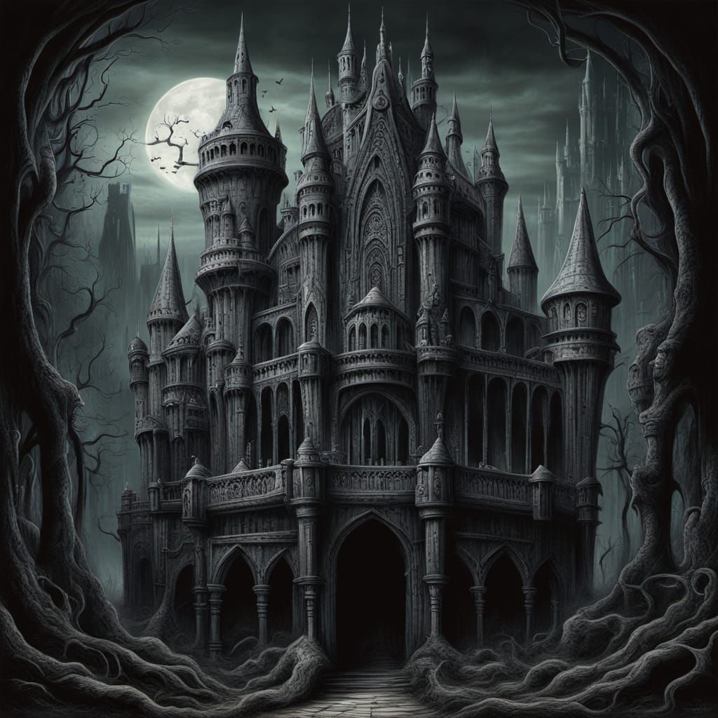 Spectral Gothic Haunted Castle in Giger's Eerie Style