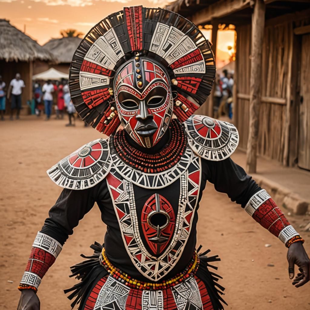 Create an image depicting a traditional African mask dance, ...