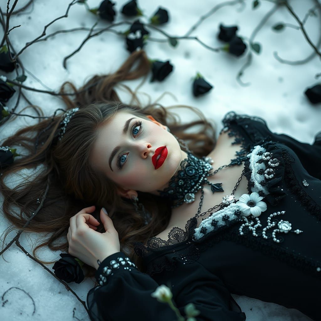 Gothic Girl in Black Roses, Snowy Field