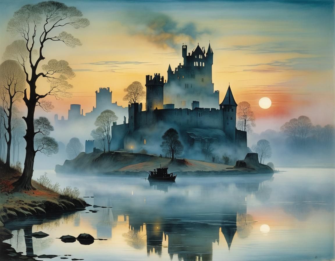 Frosted Castle Ruins Rise from Misty Dawn