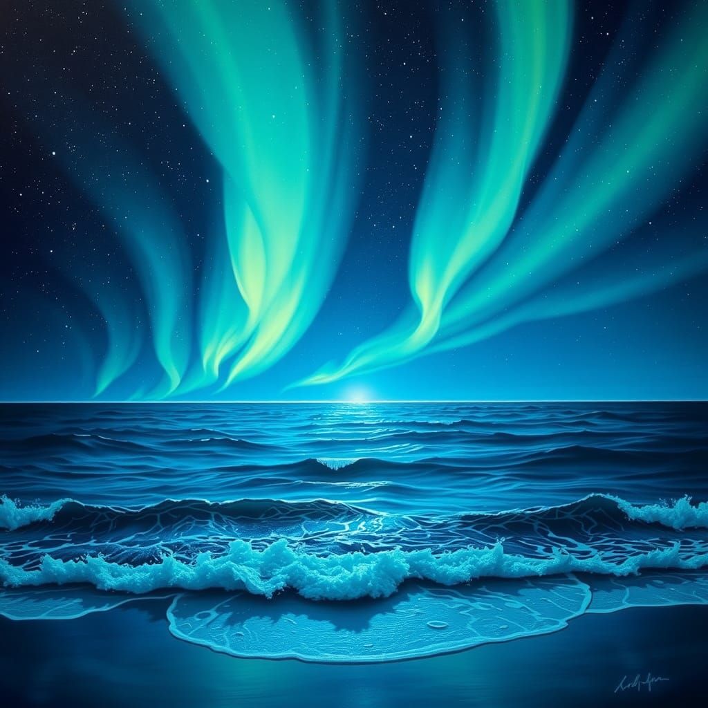 Nocturnal Ocean Aurora in Visionary Art Style