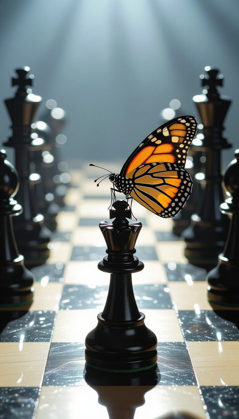Butterfly on Chess Knight in Moody Lighting
