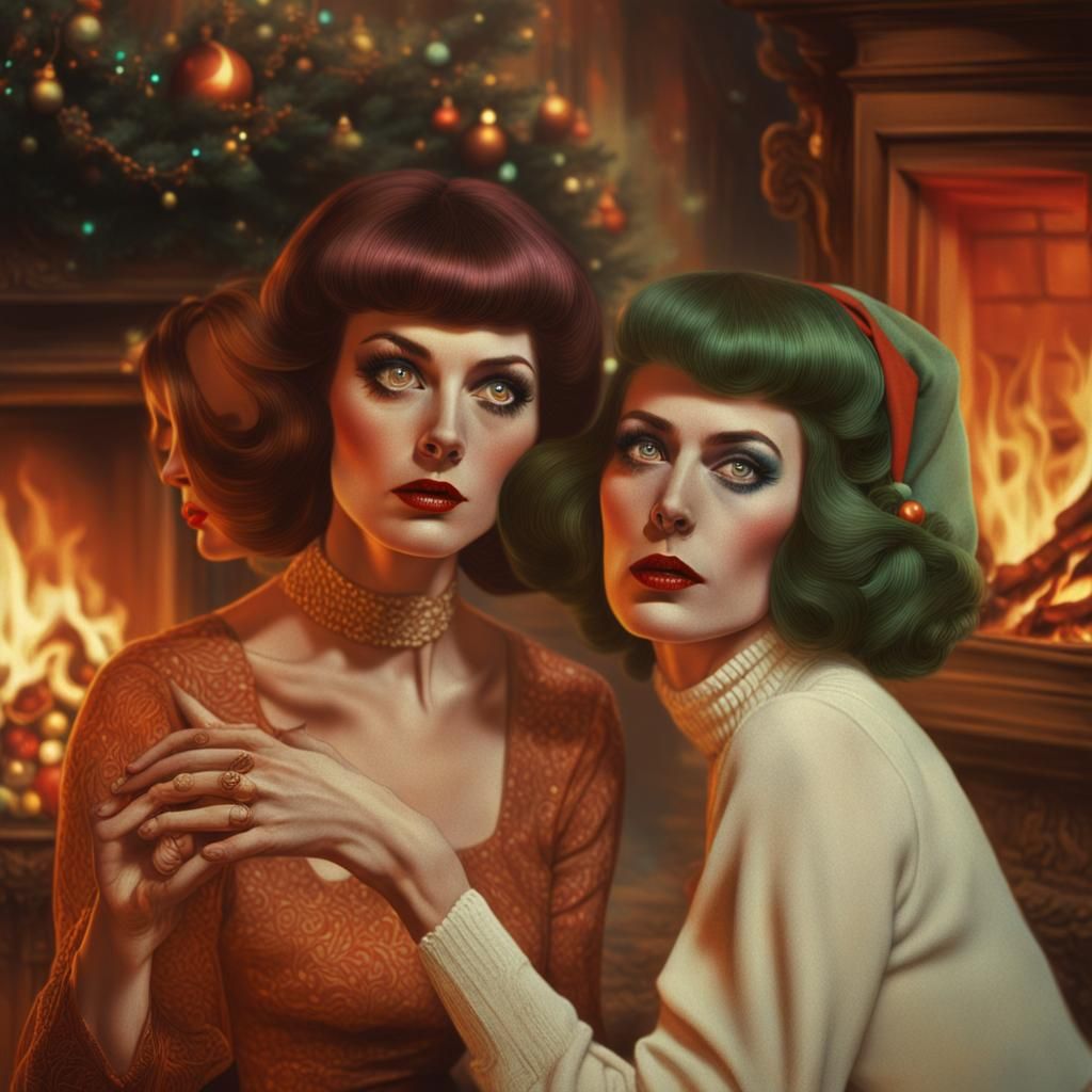 Psychedelic horror in a retro 1970s style; two women gather by a Christmas tree; watching them, an an evil elf lurks men...