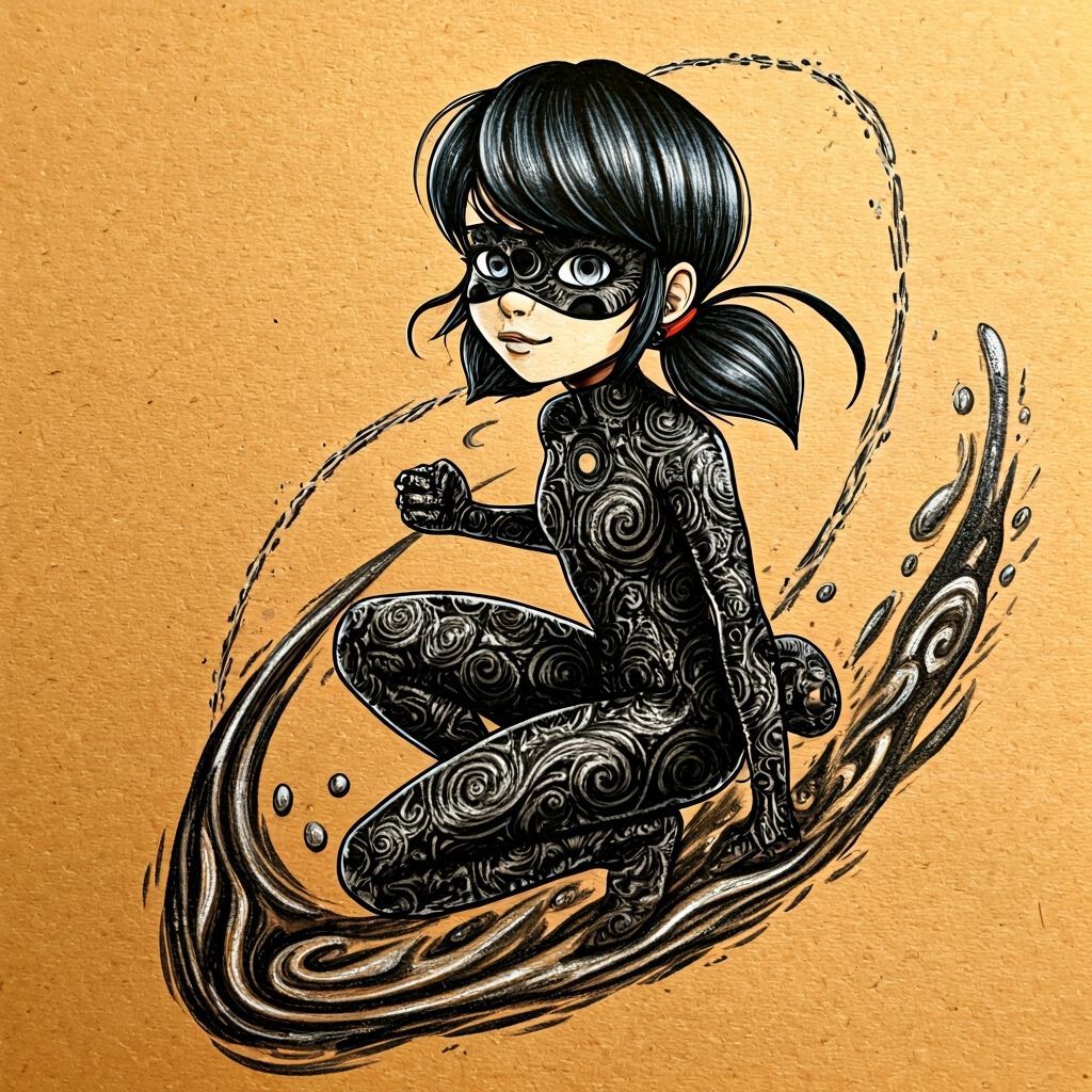 Miraculous Ladybug Silhouette in Dynamic Ink Drawing