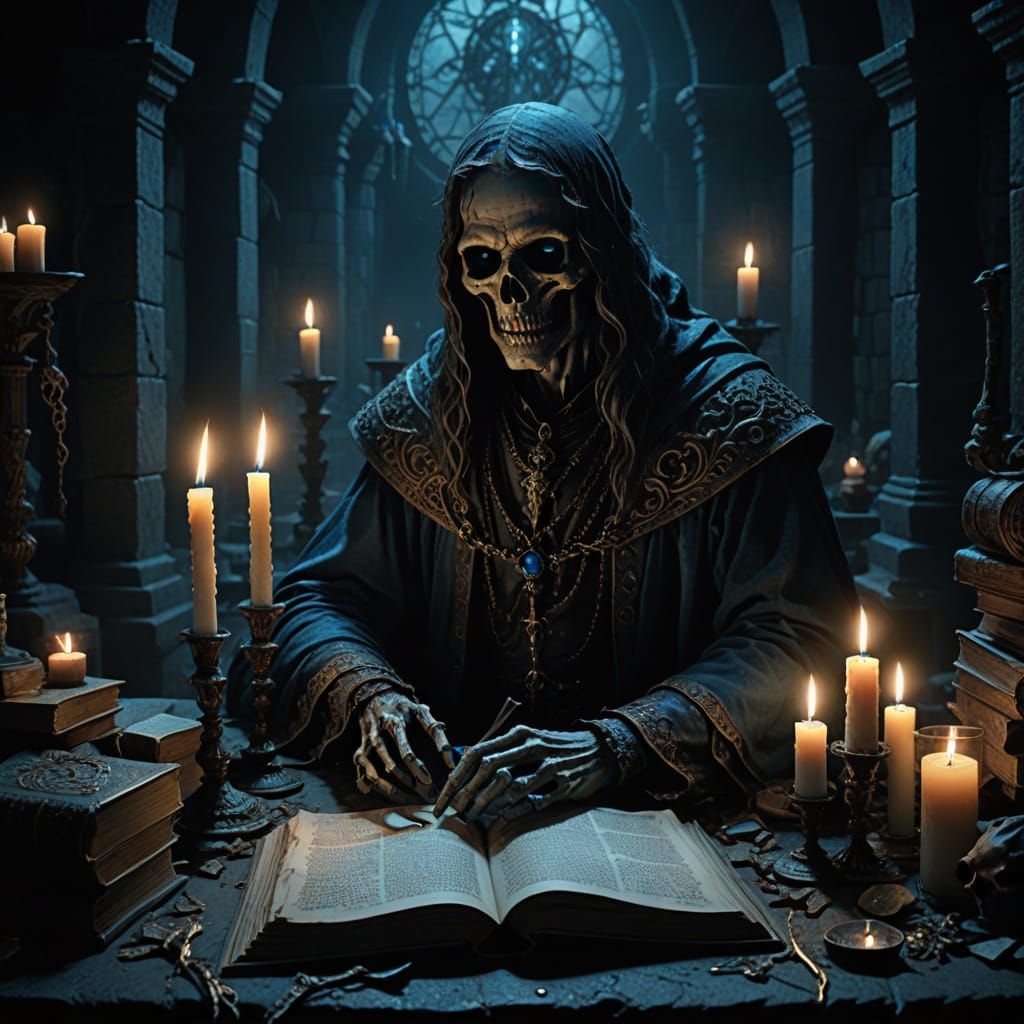 Undead Sorcerer with Phylactery in Gothic Atmosphere