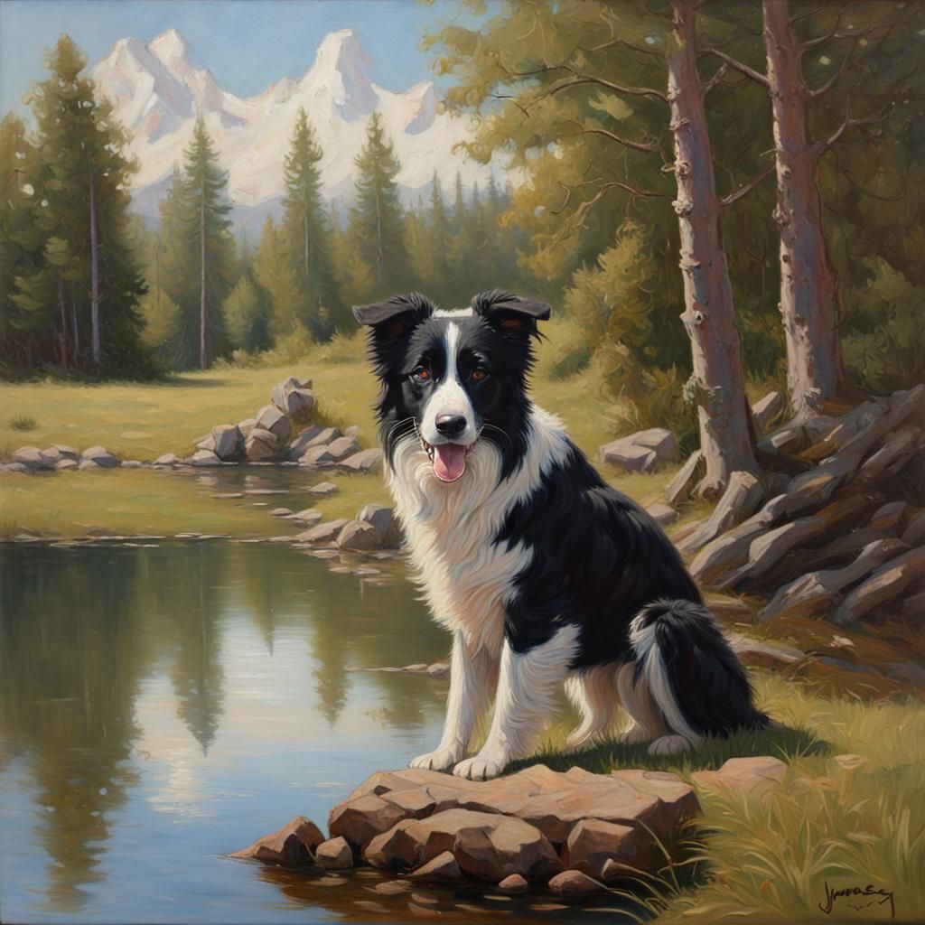 Border Collie Guarding Puppies by Lake, Oil Painting
