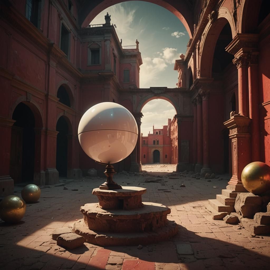 Surreal White Sphere in Red Room, Cinematic Lighting