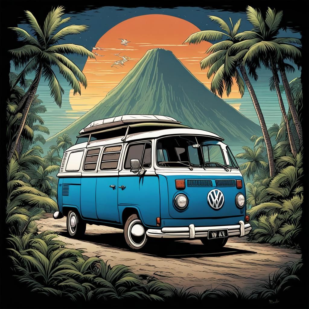 VW Van in Bali: Comic Book Style T-Shirt Design