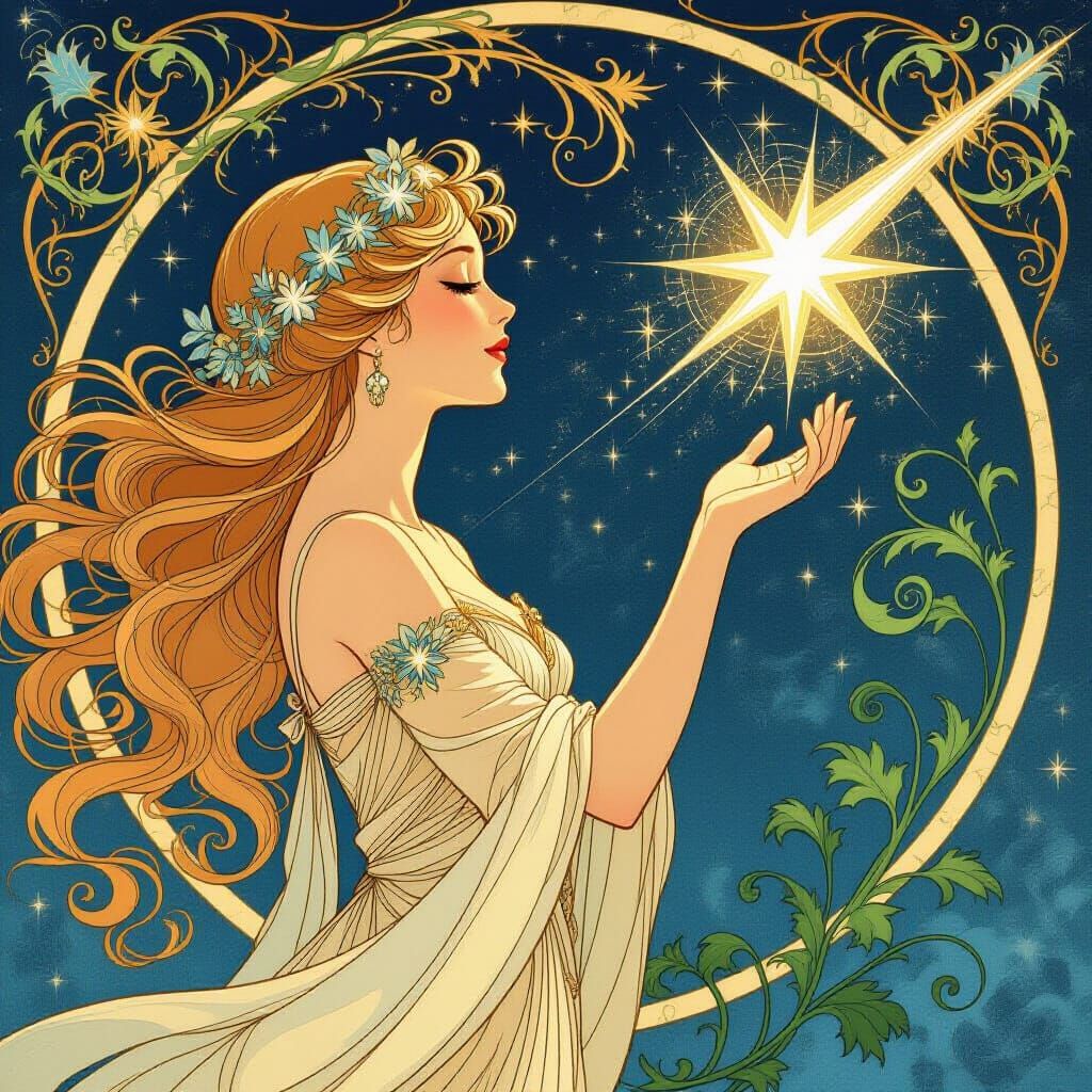 Art Nouveau Woman with Starlight Hair and Comet
