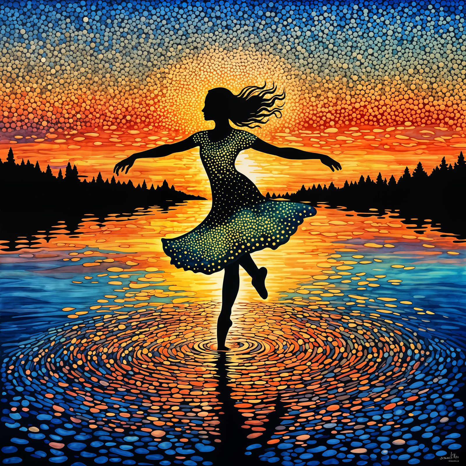 Pointillist Woman Dancing in Lake at Sunset