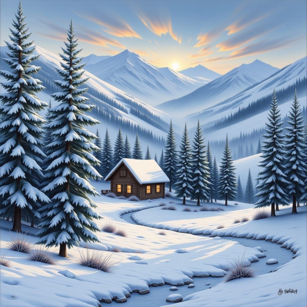 Snowy Mountain Cabin Scene in Luminist Style