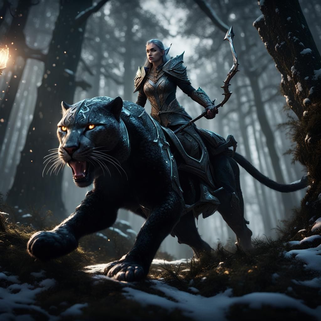 Dark Elf Ranger on Panther Through Snowy Forest
