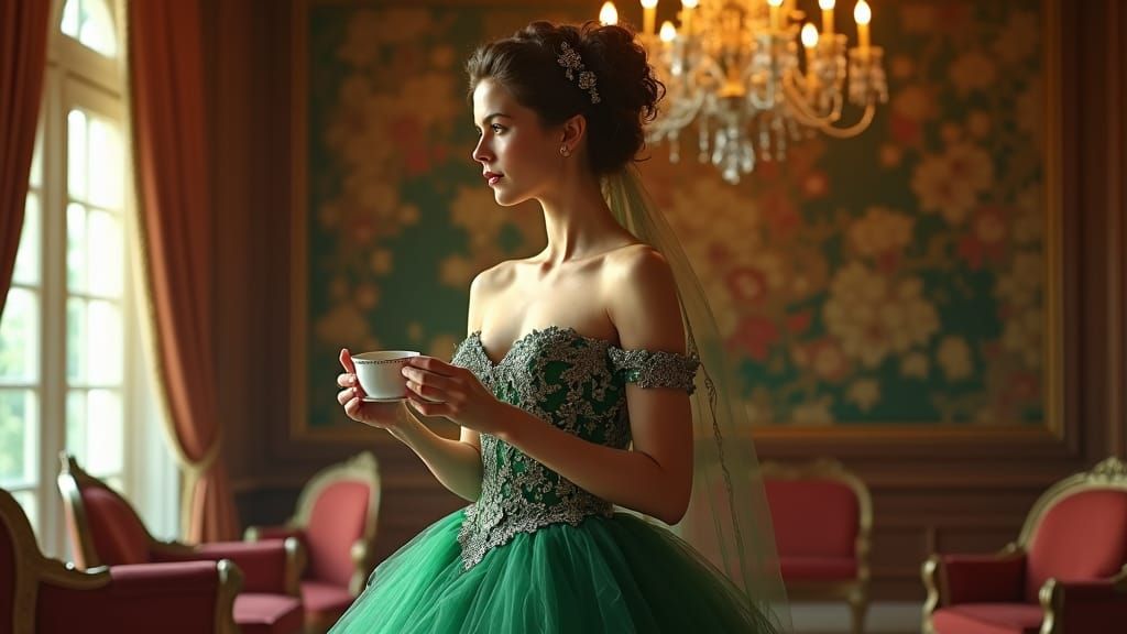 Victorian Woman in Emerald Gown, Baroque Style