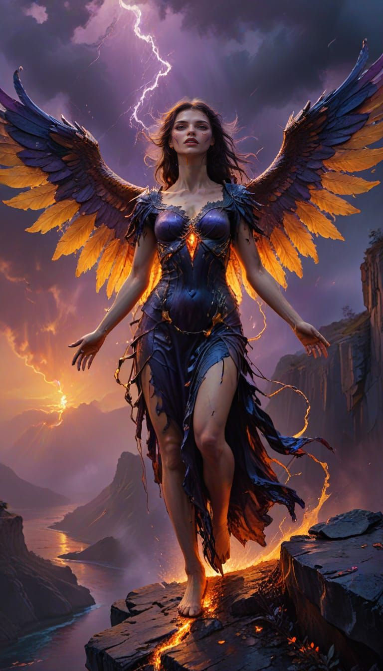 Surreal Portrait of a Dark Angel Standing Over Turbulent Sea...