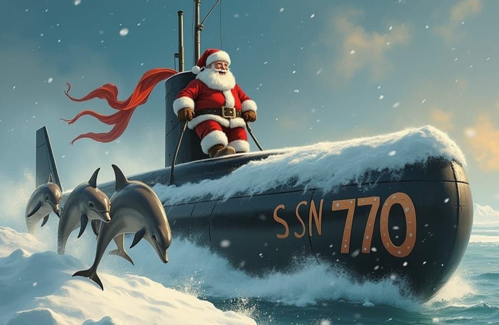 Santa Cruises Arctic Waters in Whimsical Submarine Scene