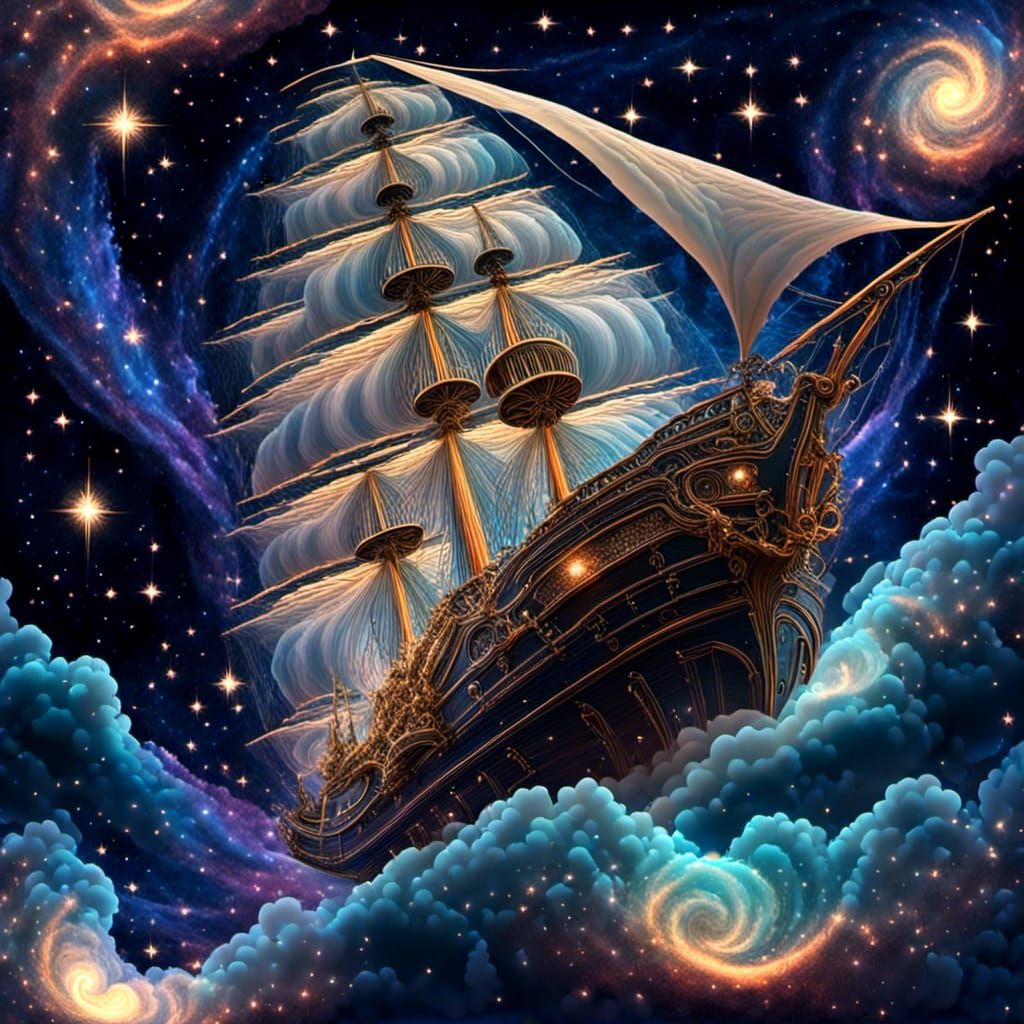 Steampunk Tall Ship Soaring in Nebula Sky