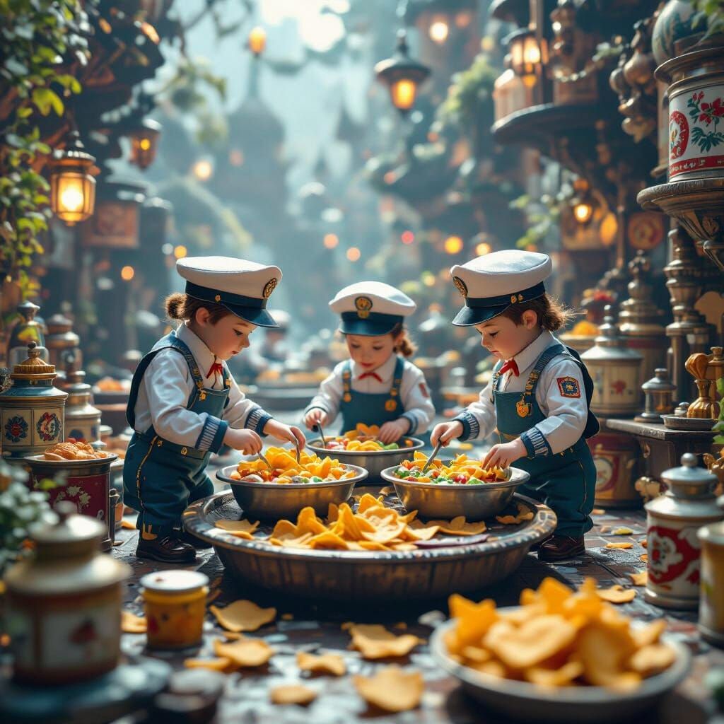 Miniature Workers Decorating Delivery Trays in Matte Paintin...