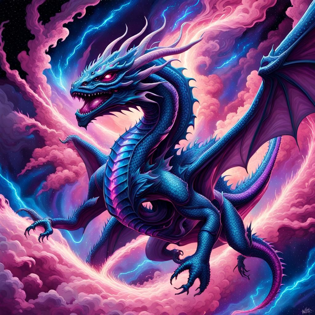 Dragon-like Alien Soaring Through Electric Blue Nebula