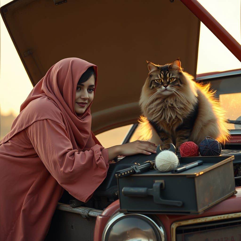 Iranian Woman Mechanic with Cat, in Soft Realism Style