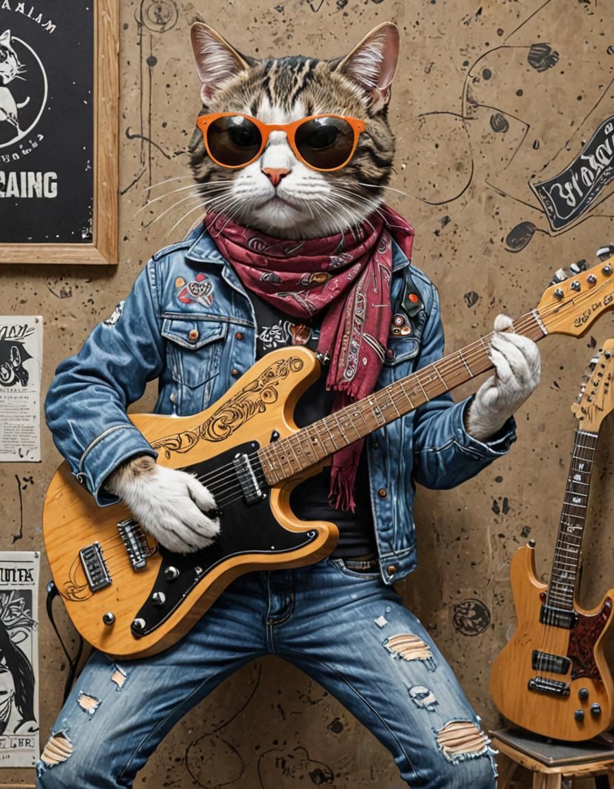 Rockstar Cat Shredding Guitar: Pen and Ink Illustration