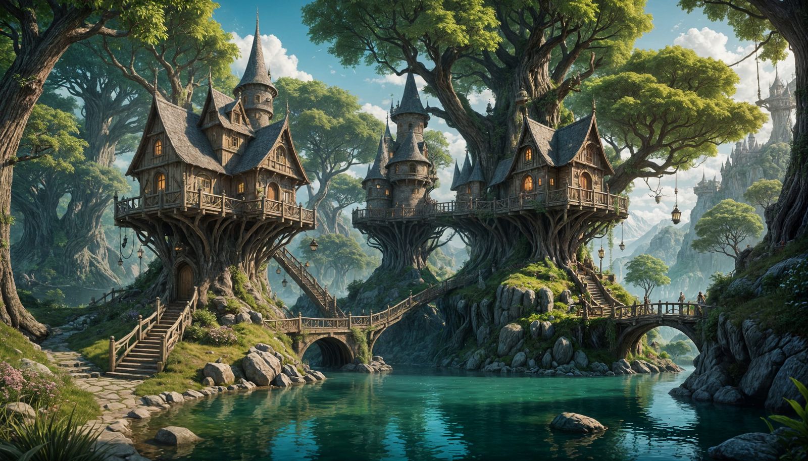 Elven Treehouses in Enchanted Forest as Digital Art