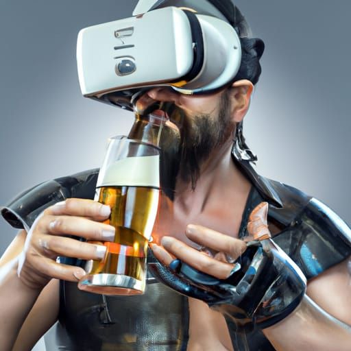 Bearded Man with VR Headset Drinking Beer